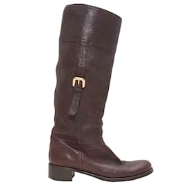 Braune Prada Lederstiefel mit Schnalle Overknee Größe 37