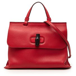 Borsa satchel quotidiana in pelle di vitello Bamboo rossa di medie dimensioni Gucci