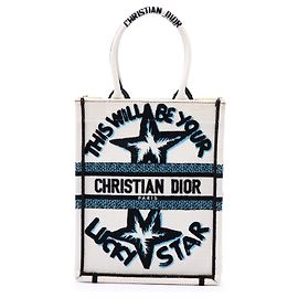 Tote Verticale Lucky Star in Tela Ricamata Bianco Dior