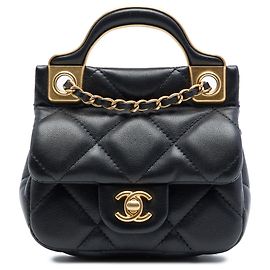Portacarte Lady in pelle di vitello trapuntata Chanel CC nera con borsa satchel con manico superiore a catena