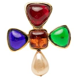 Spilla appuntata Chanel placcata in oro multicolore con Gripoix e perle finte