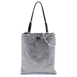 Borsa Tote piatta in raso con decorazioni in cristallo e catena nera Prada