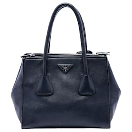 Borsa satchel blu in pelle di vitello lucida con doppia tasca e doppio manico Prada