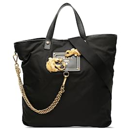 Borsa Satchel Dragon in Tessuto Animalier con bordi in Saffiano nero Prada