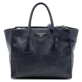 Borsa satchel in pelle di vitello lucida nera con doppia tasca e doppio manico Prada