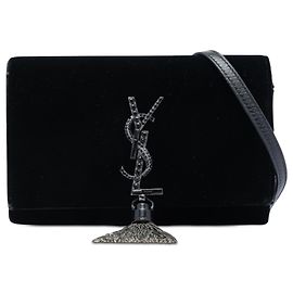 Borsa a tracolla con catena e nappa Kate Monogram in velluto e cristalli neri Saint Laurent