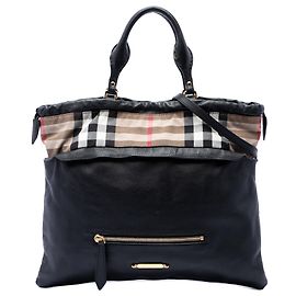 Black Burberry House Check Trimmed Leather Big Crush Convertible Tote Satchel