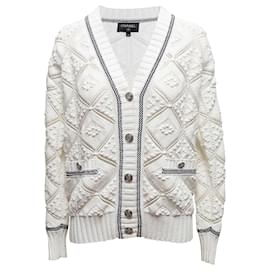 Weiß-schwarzer Chanel V-Ausschnitt Cardigan Größe FR 34