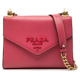 Borsa a tracolla envelope monocromatica in pelle Saffiano rosa Prada