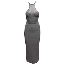 Graues Herve Leger Bandage Maxi-Kleid mit offenem Rücken und Neckholder Größe US XS