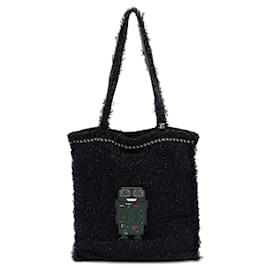 Borsa Shopping Tote Chanel Large in Tweed Nero con Decorazioni in Resina Robot