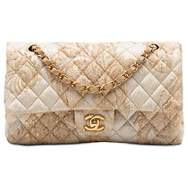 Borsa a tracolla Chanel Medium Classic Double Flap in tela ricamata beige