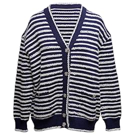 Chanel gestreifter Baumwollcardigan in Navy & Weiß Größe FR 48