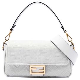 Weiße Fendi Zucca bestickte Canvas Baguette Satchel Tasche