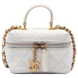 Borsa Vanity Chanel Mini Caviar con catena e chiusura a zip bianca