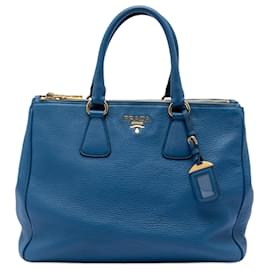 Borsa Tote Convertibile con Doppia Cerniera Blue Prada Vitello Daino