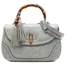 Gucci New Bamboo Top Handle Bag Satchel Large aus gesprenkeltem Leder in Grau