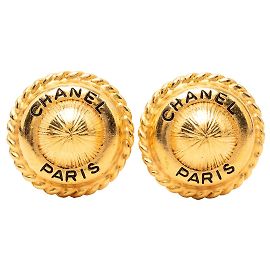Gold Chanel Gold Plated Logo Round Clip On Earrings