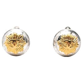 Orecchini a clip rotondi Sunburst in ottone Chanel CC argentati e placcati in oro