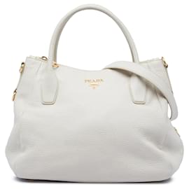 Borsa Tote Convertible con Zip Prada Vitello Daino Bianco
