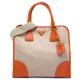 Beige Prada Saffiano Trimmed Canvas Canapa Satchel Tasche