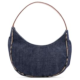 Borsa a tracolla in denim con rifiniture House Check blu di Burberry