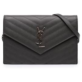 Borsa a tracolla portafoglio bustina Saint Laurent Grain De Poudre Chevron Cassandre Grigio