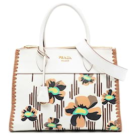 Borsa Paradigme Whipstitch con stampa floreale Madras e rifiniture in pelle City Calf bianca Prada