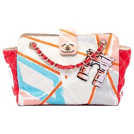 Borsa a tracolla Chanel CC in tela trapuntata stampata e paillettes beige Arc De Triomphe