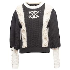 Suéter de lana y cachemira CC blanco y negro Chanel 2021 Metiers d'Art Talla FR 38