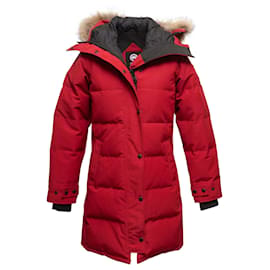 Piumino con cappuccio con bordo in pelliccia rosso Canada Goose Taglia US S