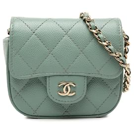 Borsa a tracolla Chanel Micro Mini Classic Caviar con patta singola verde