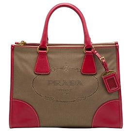 Borsa satchel in tela Canapa con bordi in Saffiano marrone con logo Prada e doppia zip