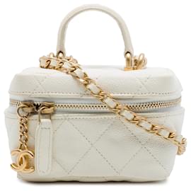 Mini Vanity Case Chanel in Caviar bianco con catena e chiusura con zip around Satchel