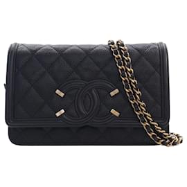 Borsa a tracolla Chanel Caviar CC Filigree Wallet On Chain Nera