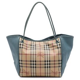Tote Canterbury in tela rivestita e pelle di vitello con motivo Haymarket Check blu di Burberry Small