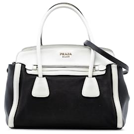 Borsa satchel in tela e bordi in pelle Saffiano bicolore nero Prada