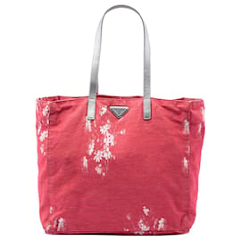 Tote in tela con stampa floreale rosa Prada