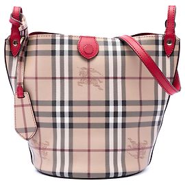 Rote Burberry Haymarket Check beschichtete Canvas Lorne Bucket Bag
