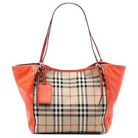 Tote Canterbury in tela Haymarket Check e pelle marrone Burberry Small