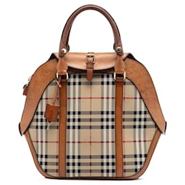 Borsa bowling Orchard in tela rivestita con motivo Haymarket Check beige di medie dimensioni di Burberry