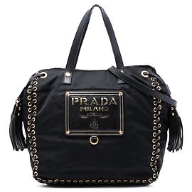 Black Prada Tessuto Whipstitched Logo Oro Tassel Satchel