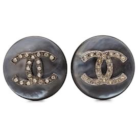 Orecchini a clip Chanel CC in strass e perle finte grigie