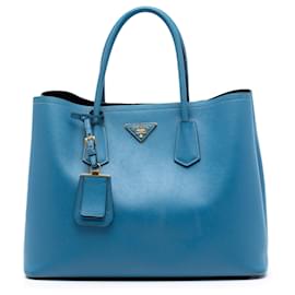 Borsa Double Satchel in pelle Saffiano grande blu Prada