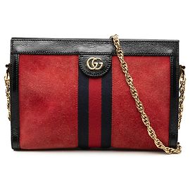 Piccola borsa a tracolla Gucci Ophidia in scamosciato rosso con dettagli Web e catena