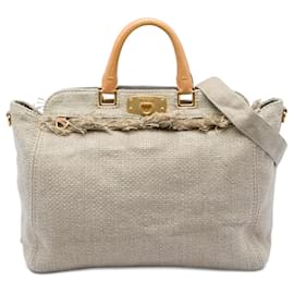 Borsa shopping in rafia e lino beige Prada con frange