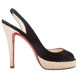 Décolleté peep-toe con bordo in paglia nero e beige Christian Louboutin Taglia 36.5