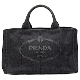 Borsa satchel in denim canapa nero con logo Prada