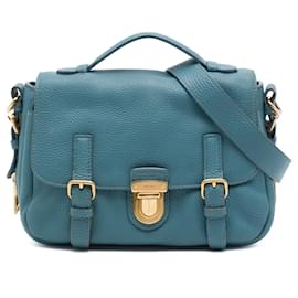 Borsa Messenger Satchel Prada Vitello Daino Blu con Chiusura Push Lock e Doppia Fibbia