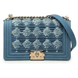 Borsa a tracolla Chanel Old Medium Pleated Denim Boy Flap blu
